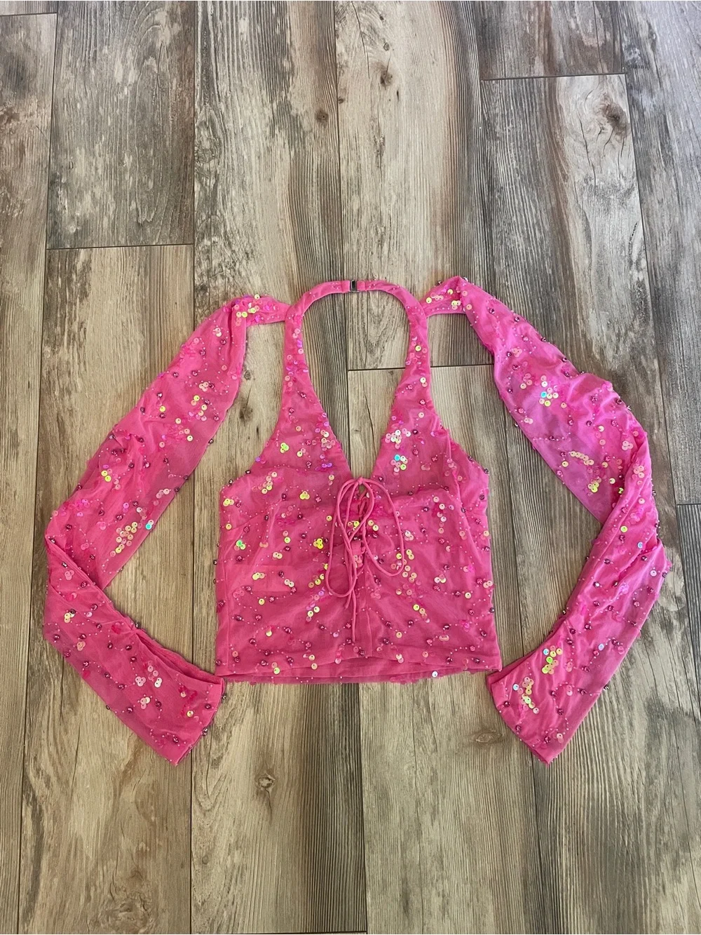 Pink Sequin Halter Crop Top with Detachable Sleeves - Picture 1 of 4